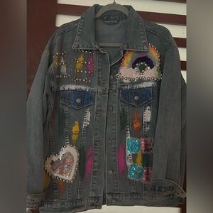 Embellished Denim Jacket with Rainbow and Heart Accents